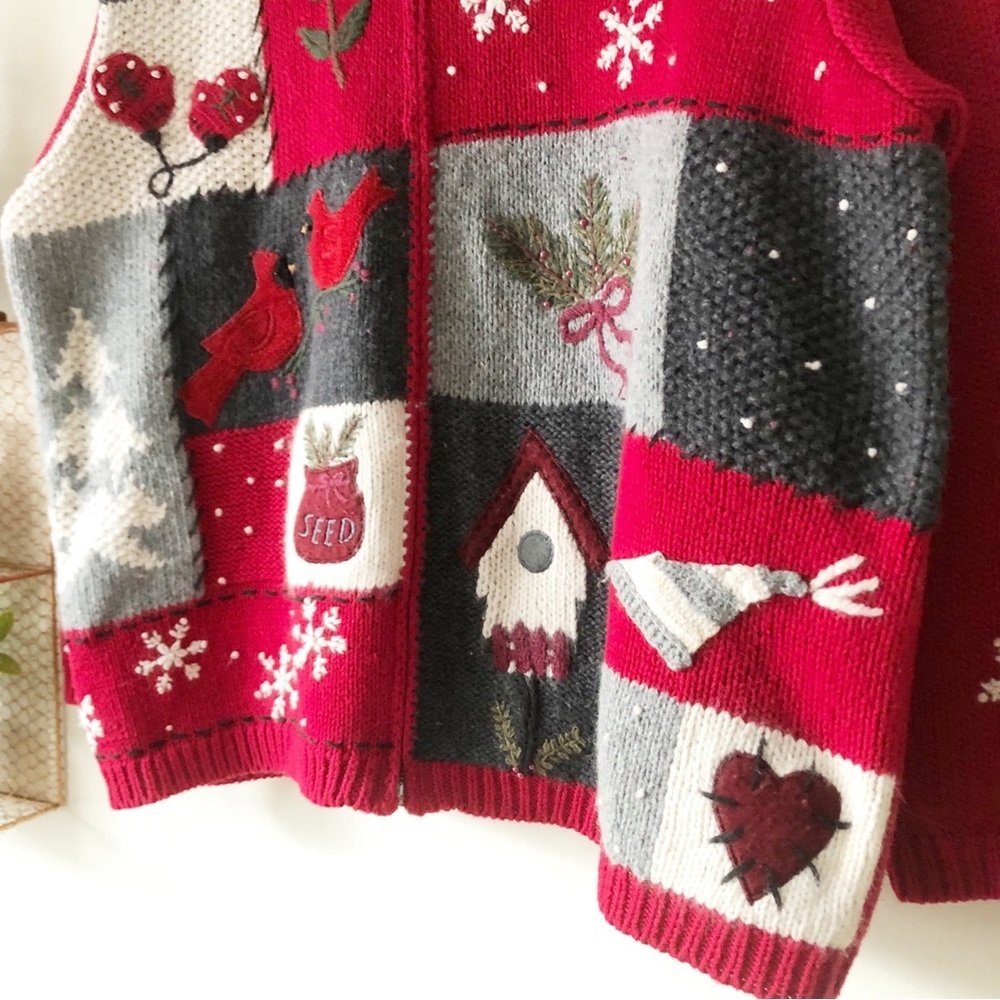Vintage Croft Barrow Red Winter Patchwork Cardinal Snowflake Full Zip Sweater XL - Picture 9 of 14
